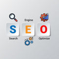SEO acronym with icons and text on a gray background