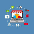 Laptop with shopping bags on a blue background with icons related to e-commerce.