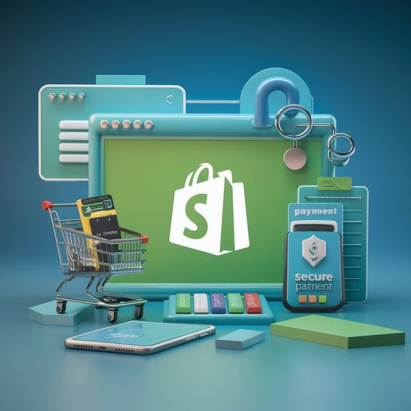 Shopper icon on a laptop screen with shopping cart, phone, and security elements on a blue background