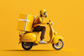Person on a yellow scooter with a package, against a yellow background