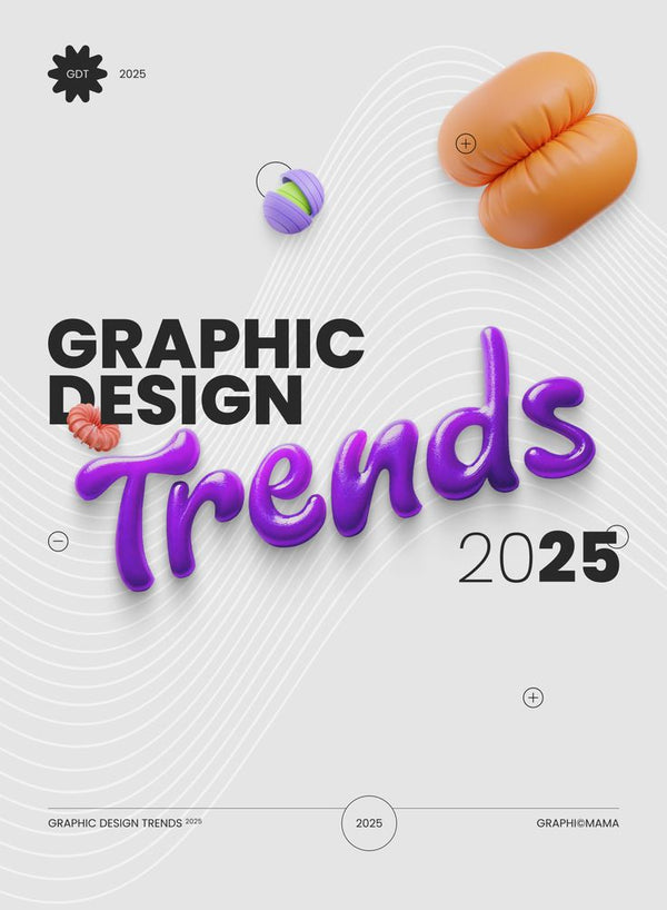 Promotional graphic for 'Graphic Design Trends 2025' with colorful text and abstract shapes on a light background.