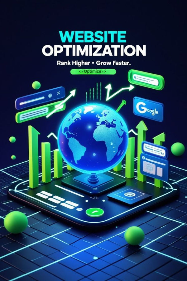 Website optimization graphic with a globe, charts, and Google logo on a dark background.