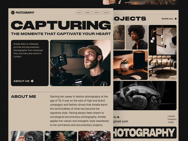 Website page for a photography portfolio with text and images of a photographer.