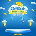 Promotional graphic for Monsoon Season Sale with umbrellas, clouds, and a raindrop on a blue background.