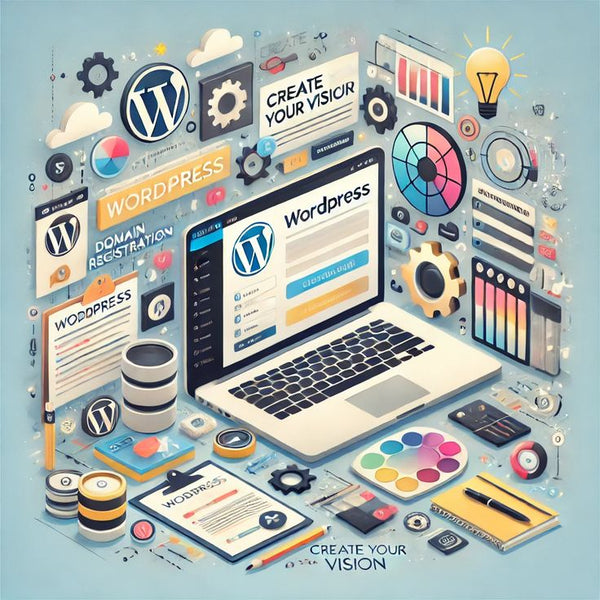 Illustration of a laptop with WordPress interface surrounded by design elements and tools on a light blue background.