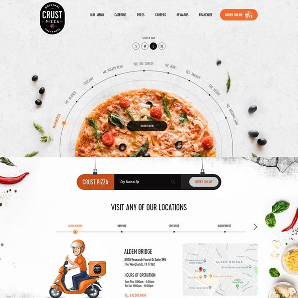 Crust Pizza website homepage with pizza image and navigation menu