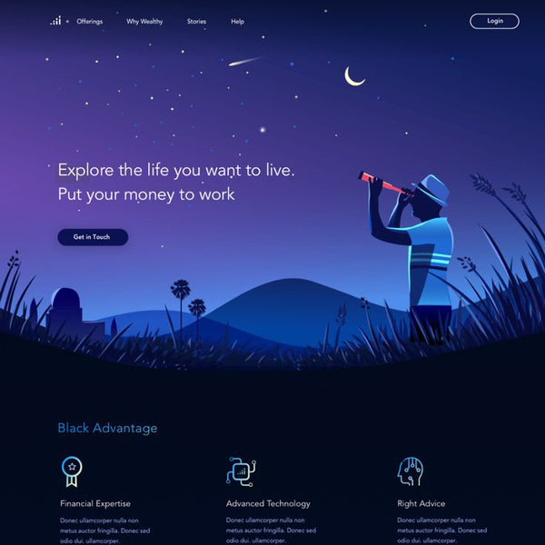 Financial website homepage with a silhouette of a person using a telescope against a night sky.