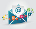 Illustration of an envelope with social media icons and email symbols on a light gray background