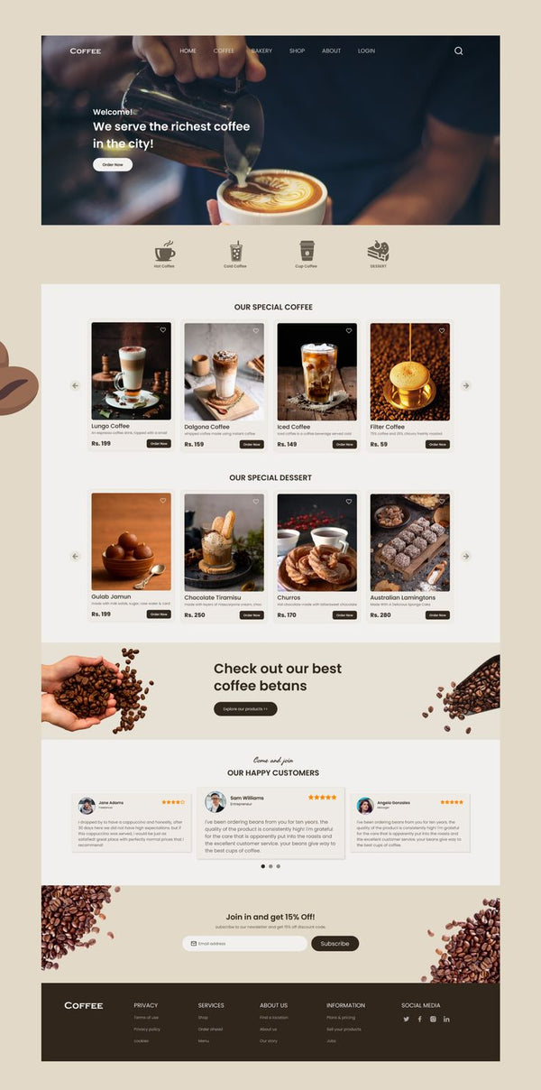 Coffee shop website layout with images of coffee and coffee beans.